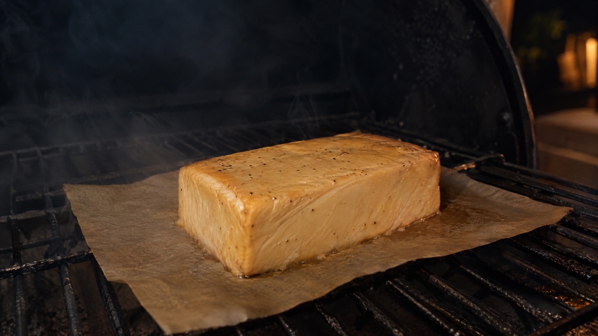 A block of smoked cream cheese with the surface turned from white to tan