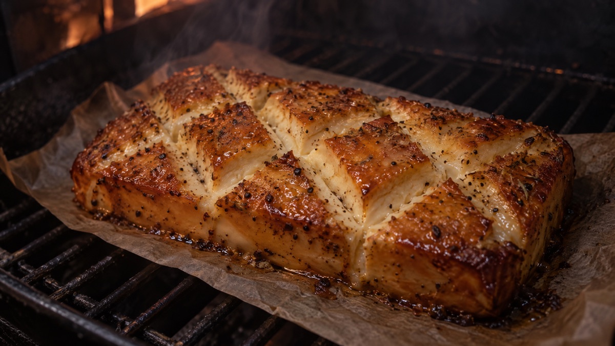 A block of smoked cream cheese with the scored diamonds spread open into deep grooves