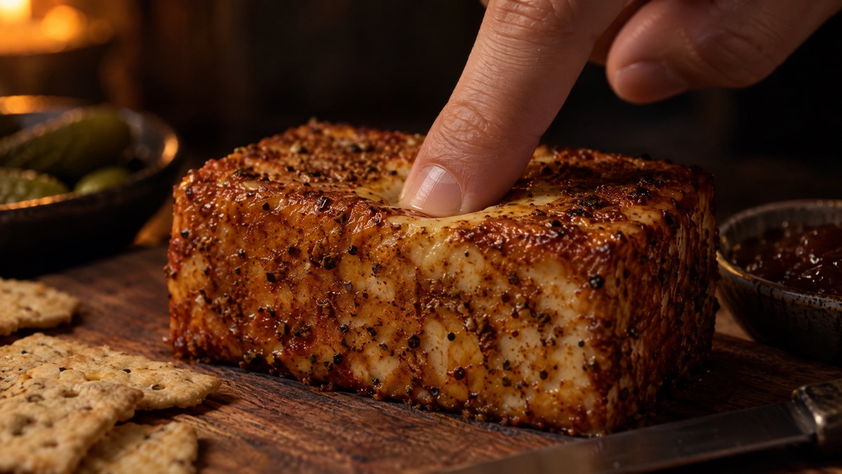 A fingertip pressing the top of a finished block of smoked cream cheese
