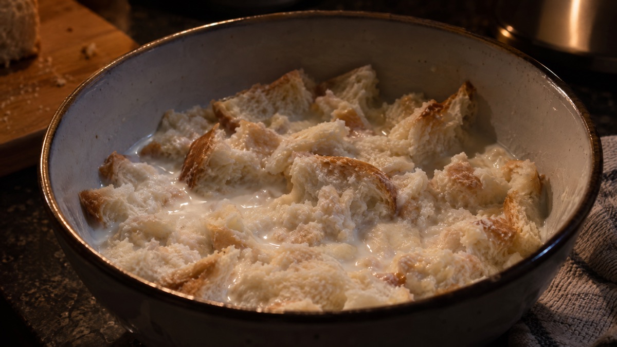 Torn white bread soaking in milk in a mixing bowl