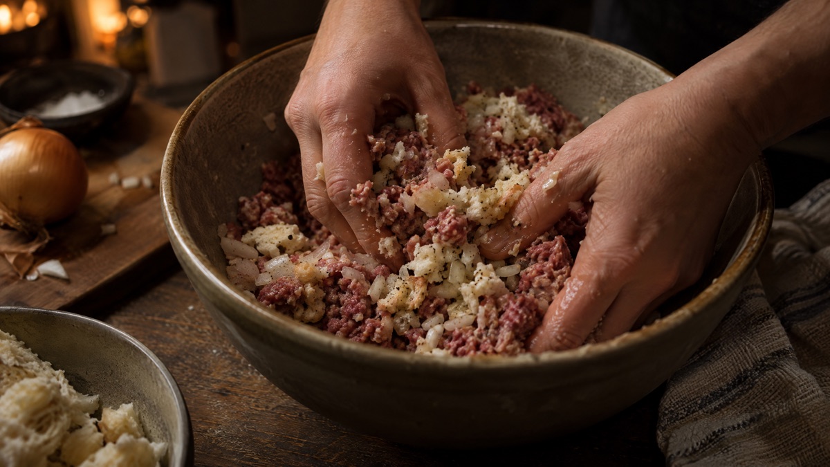Hands folding ground meat, soaked bread and onion together in a bowl
