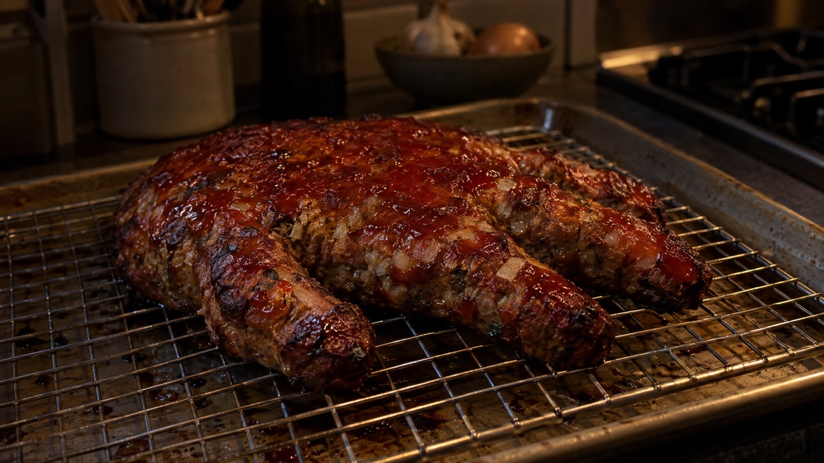 A hand-shaped meatloaf formed low and wide, free-standing on a wire rack