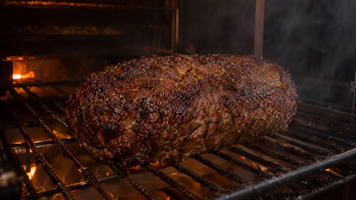A free-form meatloaf in a smoker with a dark dry bark and no glaze yet
