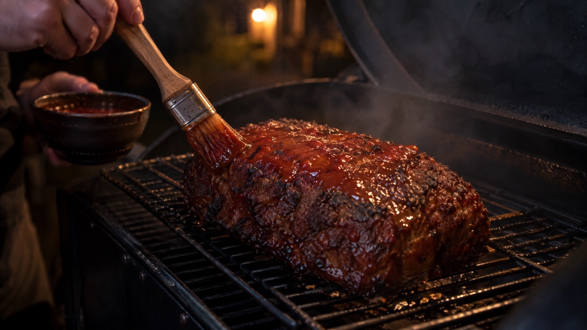 A basting brush laying a thin first coat of tomato glaze over a barked meatloaf