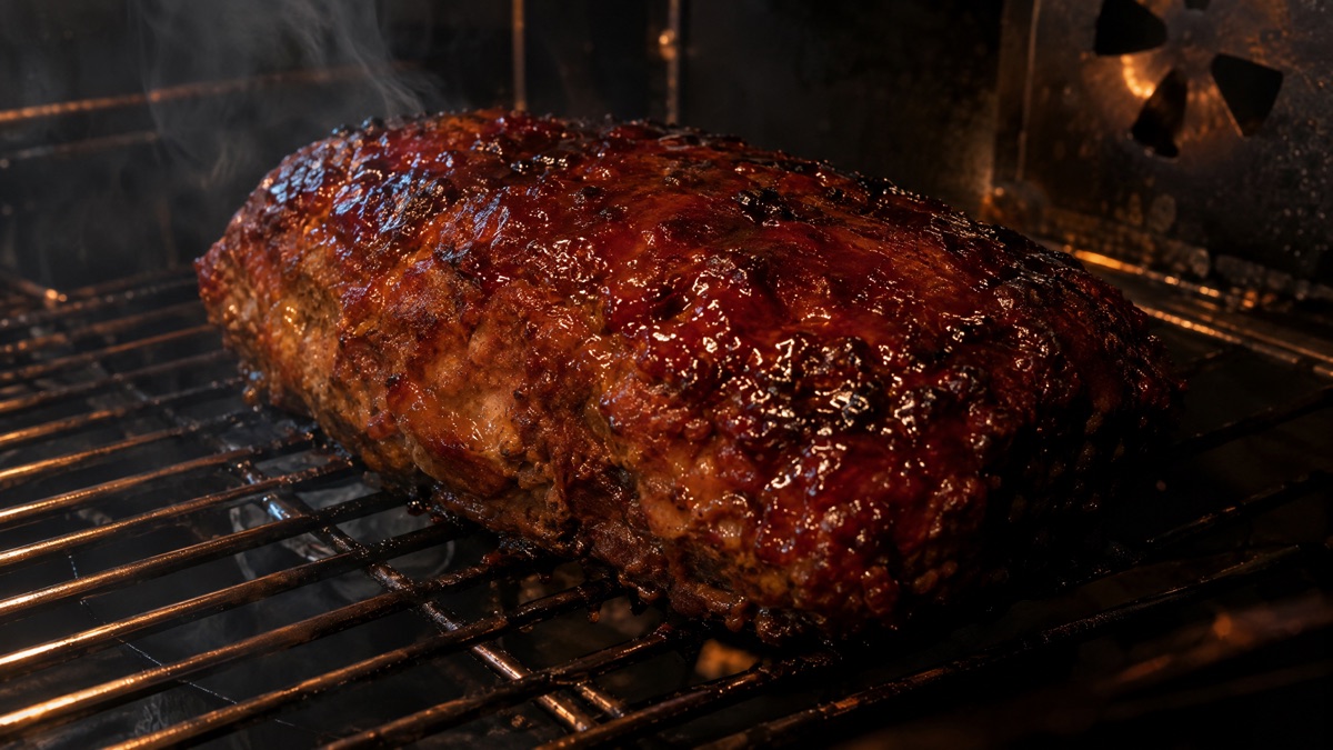 A smoked meatloaf with two coats of glaze set to a dark lacquered shine