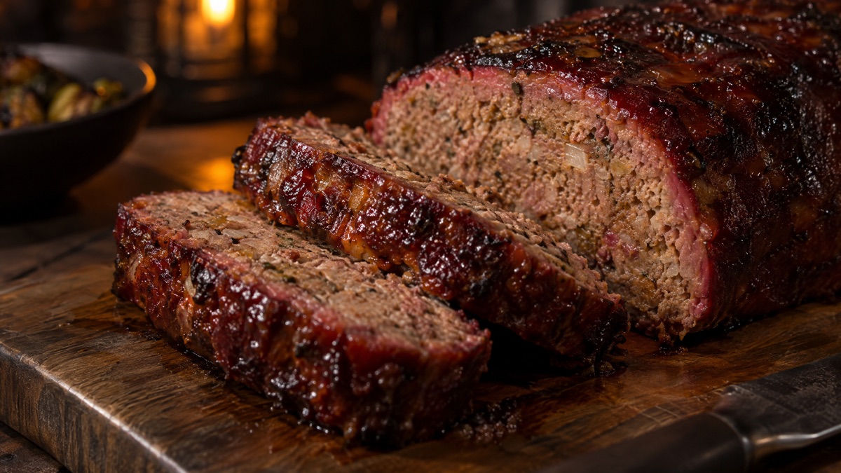 Thick slices cut from a glazed smoked meatloaf showing a pink smoke ring under the glaze