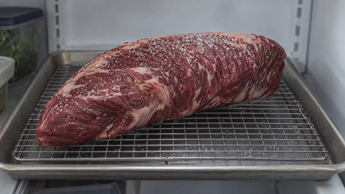 A raw tri-tip salted and sitting uncovered on a rack in a refrigerator