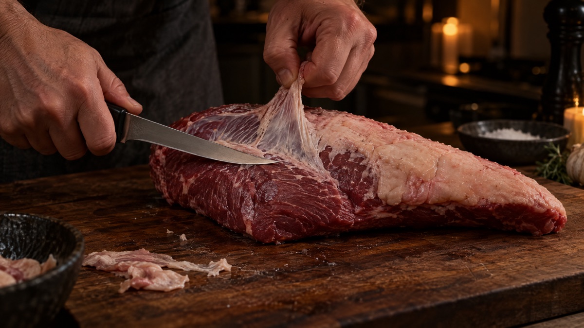 A boning knife trimming silverskin from a raw tri-tip on a wooden board