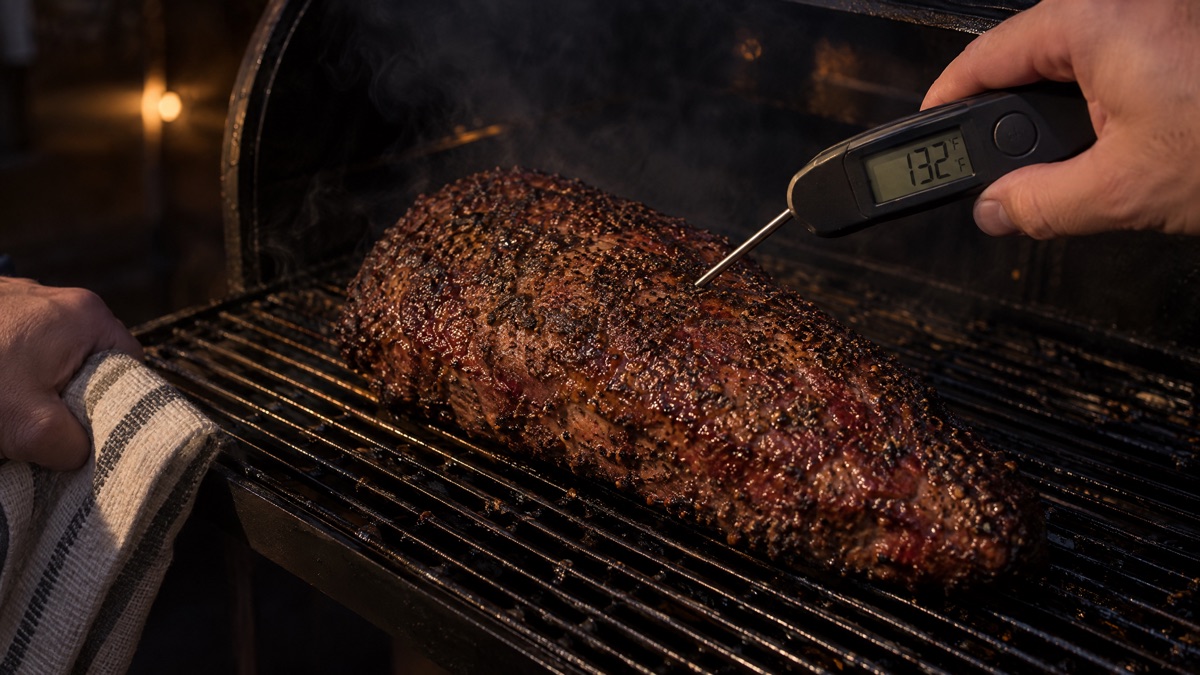 An instant-read thermometer in the thickest part of a tri-tip on a smoker grate
