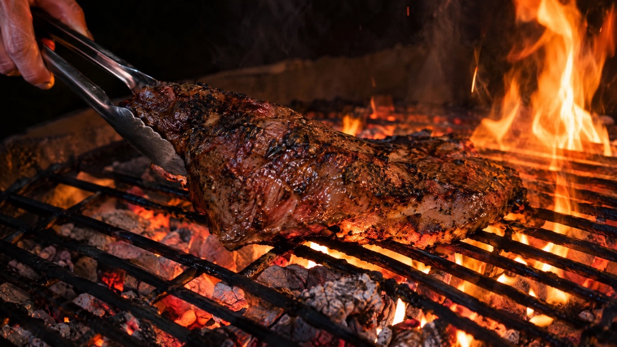 A tri-tip searing directly over open glowing coals with flames at the edges