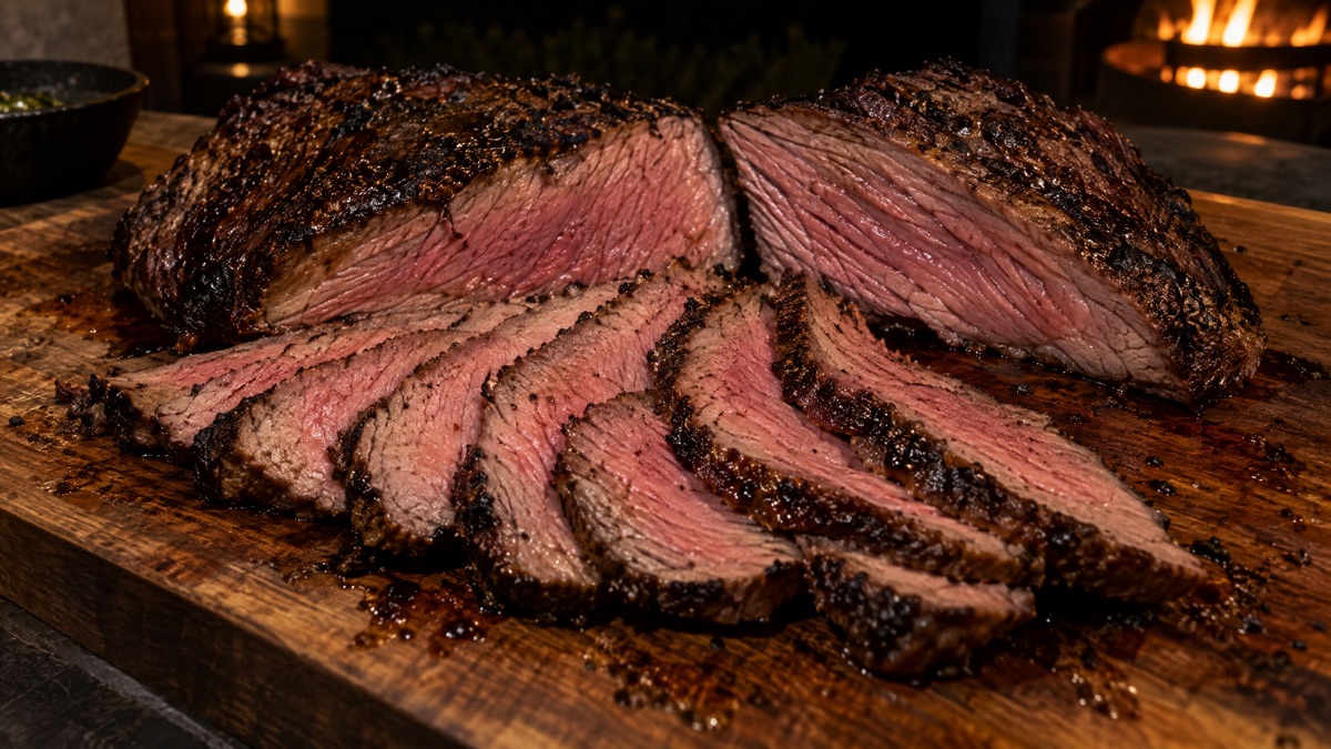 A tri-tip cut at the grain change and sliced thin, rosy pink inside with a dark crust