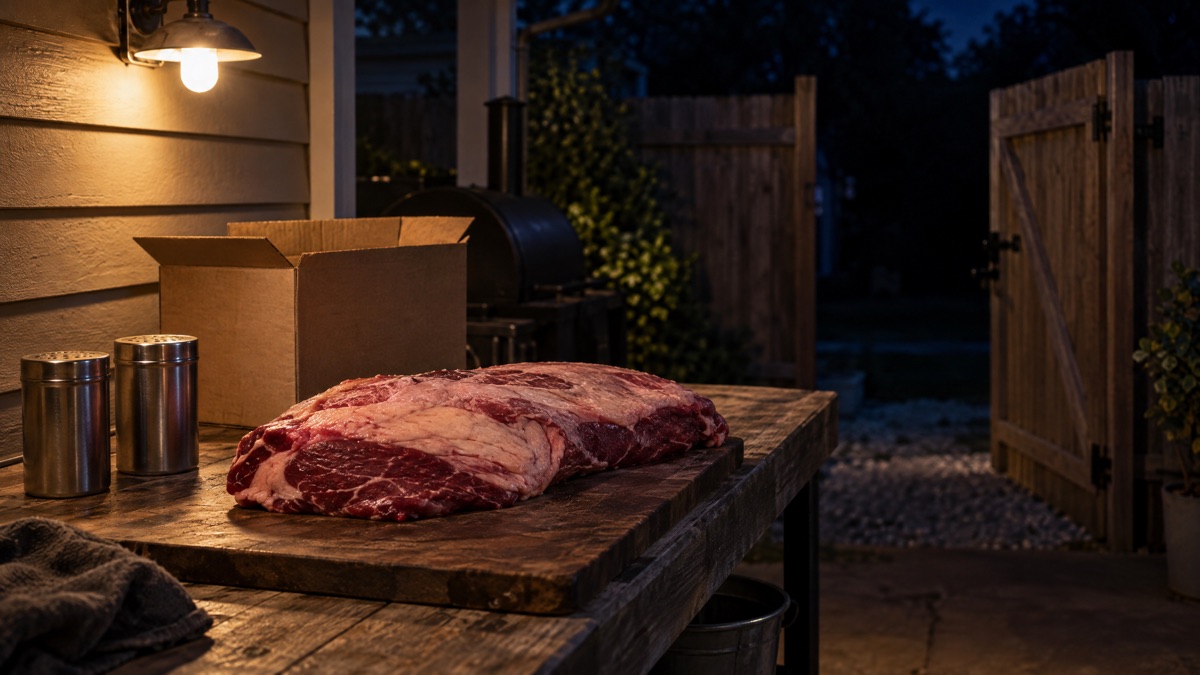 An untrimmed brisket on a backyard work table under a porch light, the yard gate standing open behind it
