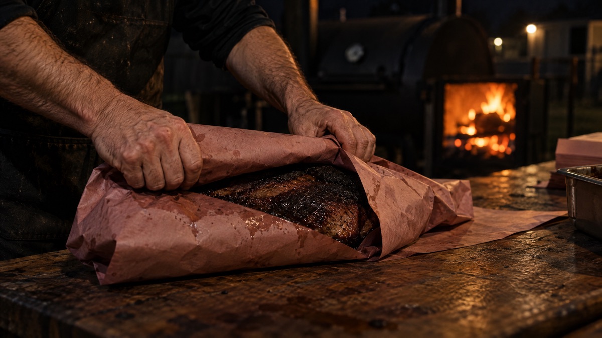Hands folding pink butcher paper around a half-cooked brisket on a work table after midnight
