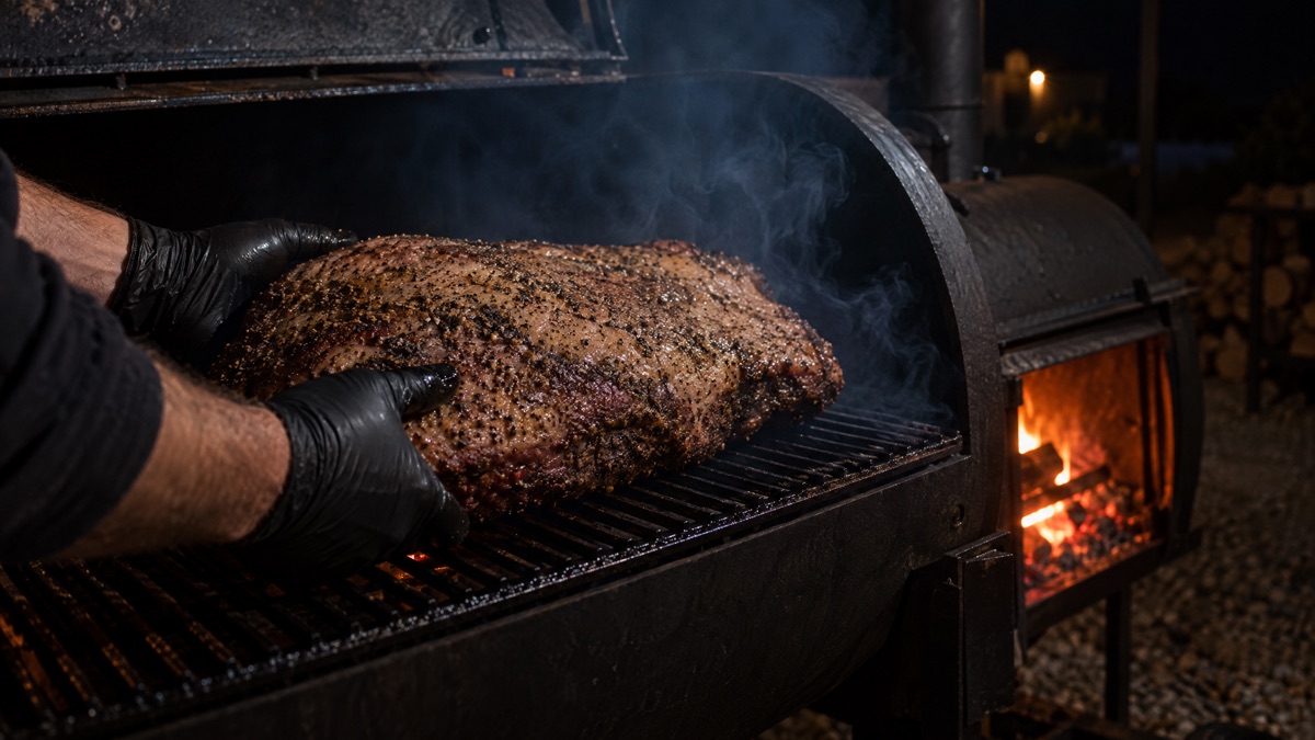 Gloved hands lowering a seasoned brisket fat side up onto the grate of an open offset smoker