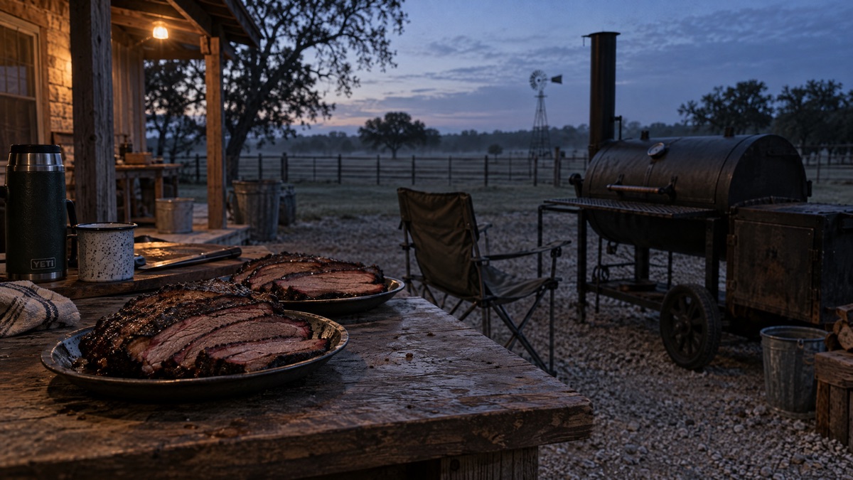 Two plates of sliced brisket on a work table before dawn beside an empty folding chair and a cooled smoker