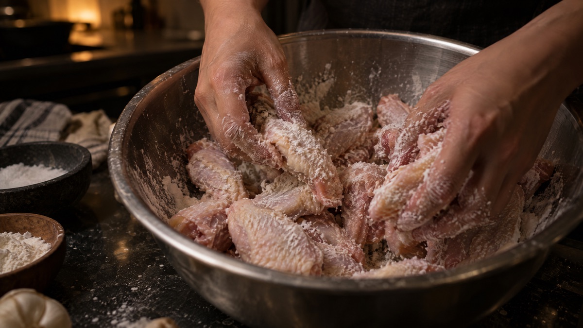 Raw chicken wings being tossed with salt and baking powder in a metal bowl