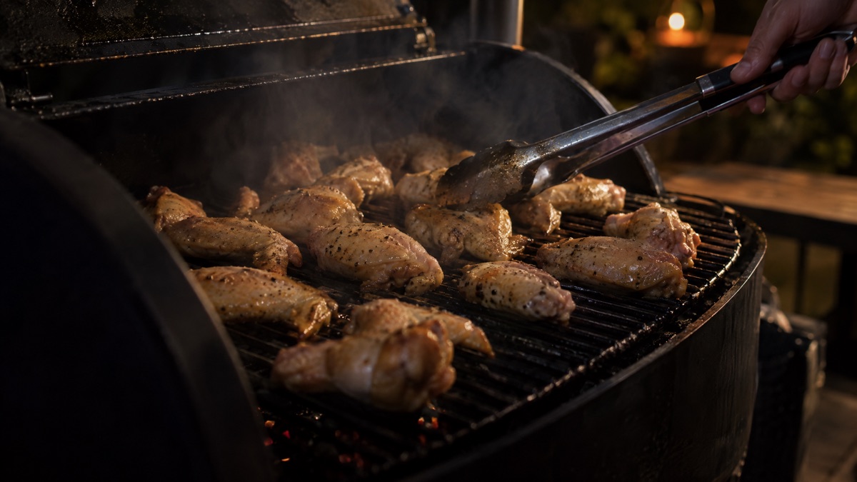Tongs turning chicken wings over on a smoker grate