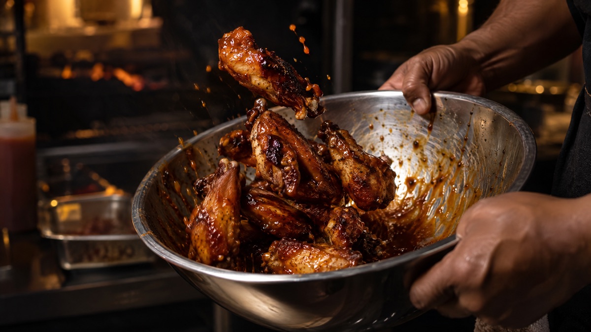 Crisp smoked chicken wings being tossed in sauce in a metal bowl