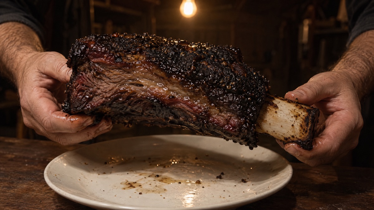 A single smoked beef rib with black bark and a clean bone end held in two hands over a plate