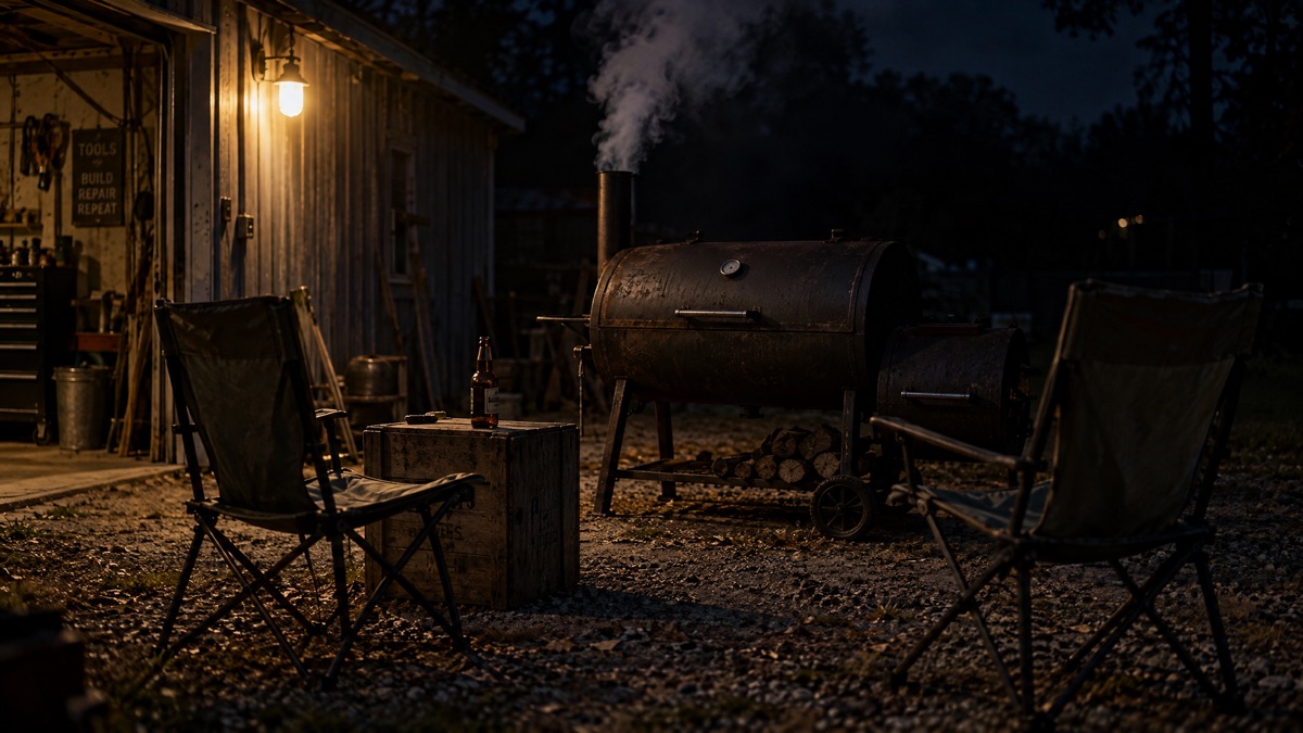 A crate and two folding chairs around the smoker at night, a beer bottle on the crate, smoke rising