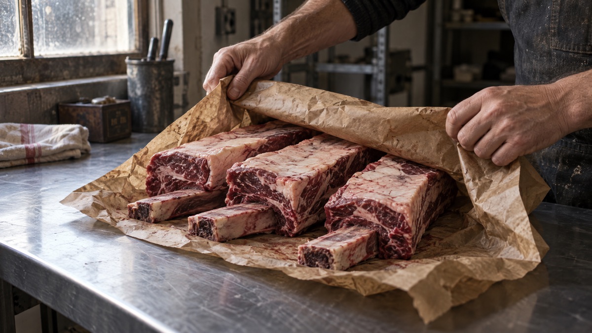 Hands peeling butcher paper back from three raw beef plate ribs on a stainless workshop table