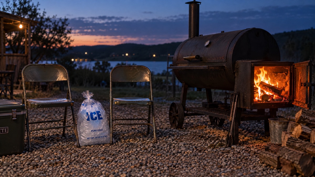 Two folding chairs side by side on the gravel at dusk beside the smoker with its firebox burning, a bag of ice between them