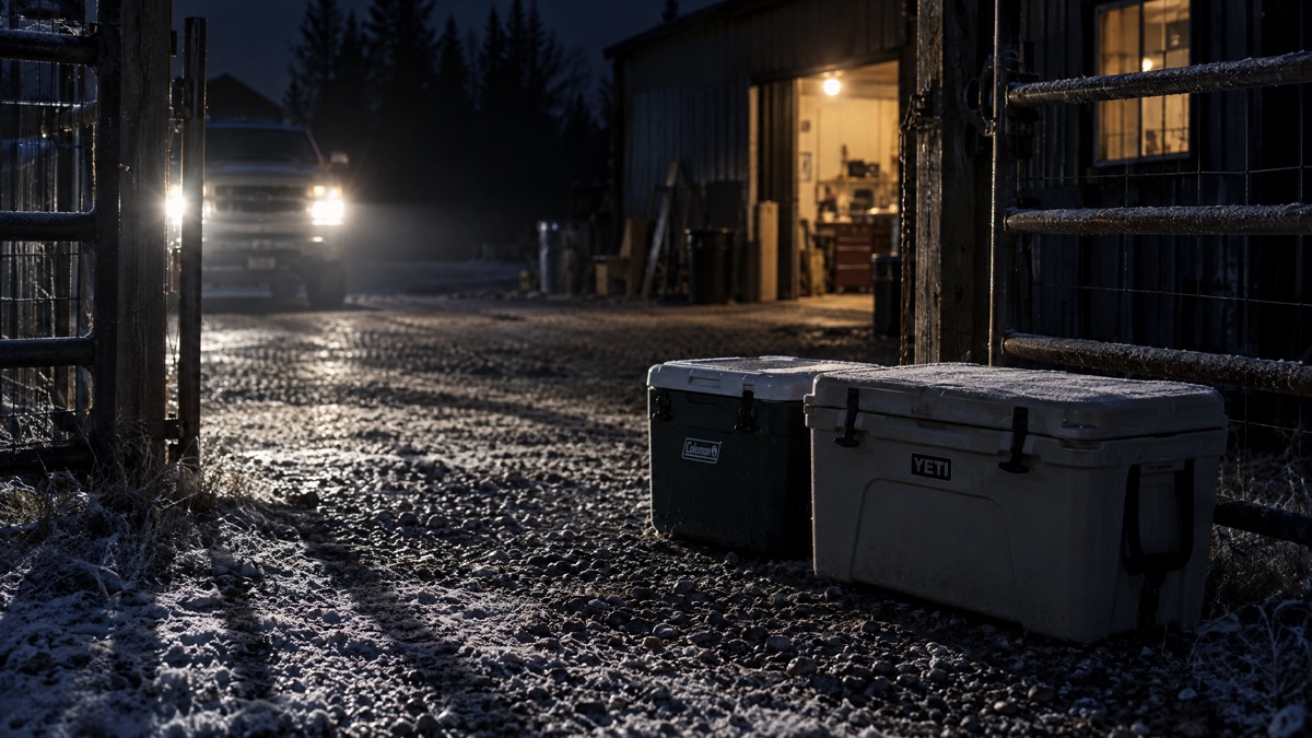 Two coolers set down on frosty gravel inside the alley gate, truck headlights behind them