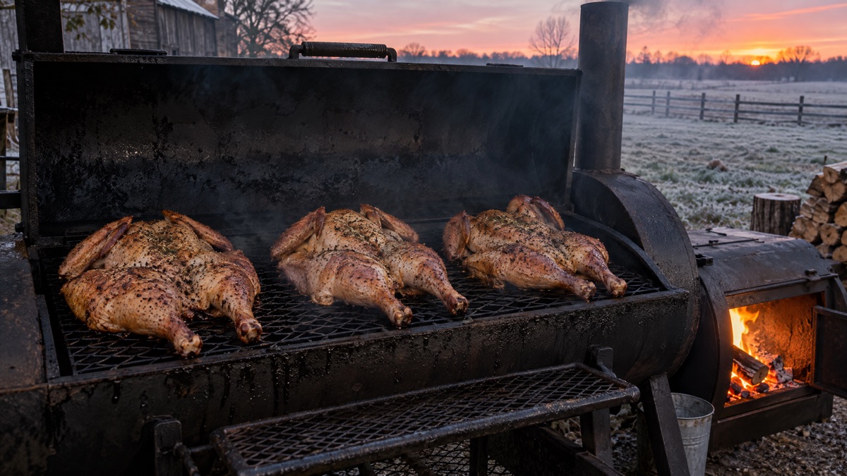Three spatchcocked turkeys laid skin side up across the grate of a backyard offset smoker