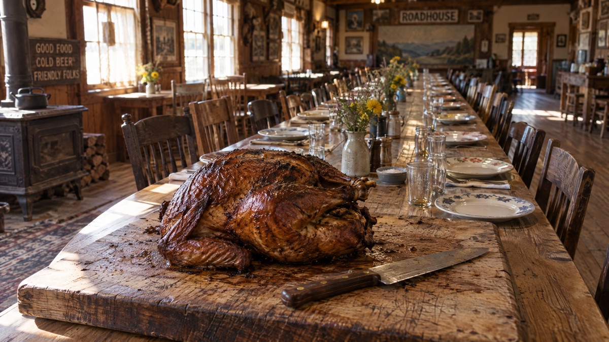 A long roadhouse table set end to end with a whole smoked turkey on a carving board at the near end