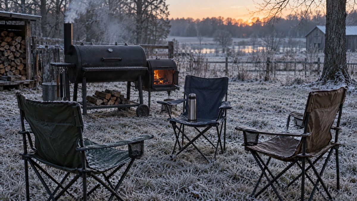 Three empty folding chairs set around the smoker in a frosty yard, a thermos on the middle seat