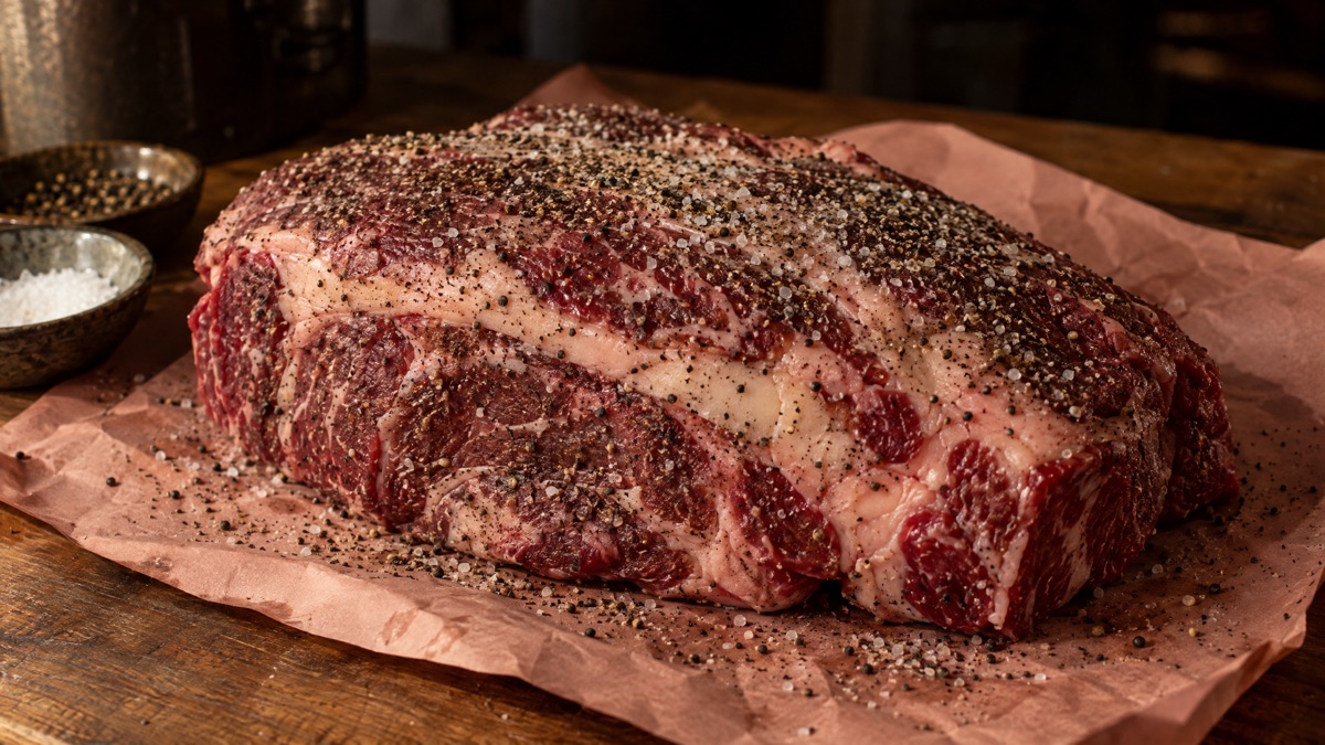 Beef chuck roast on butcher paper under an even coat of coarse salt and cracked black pepper