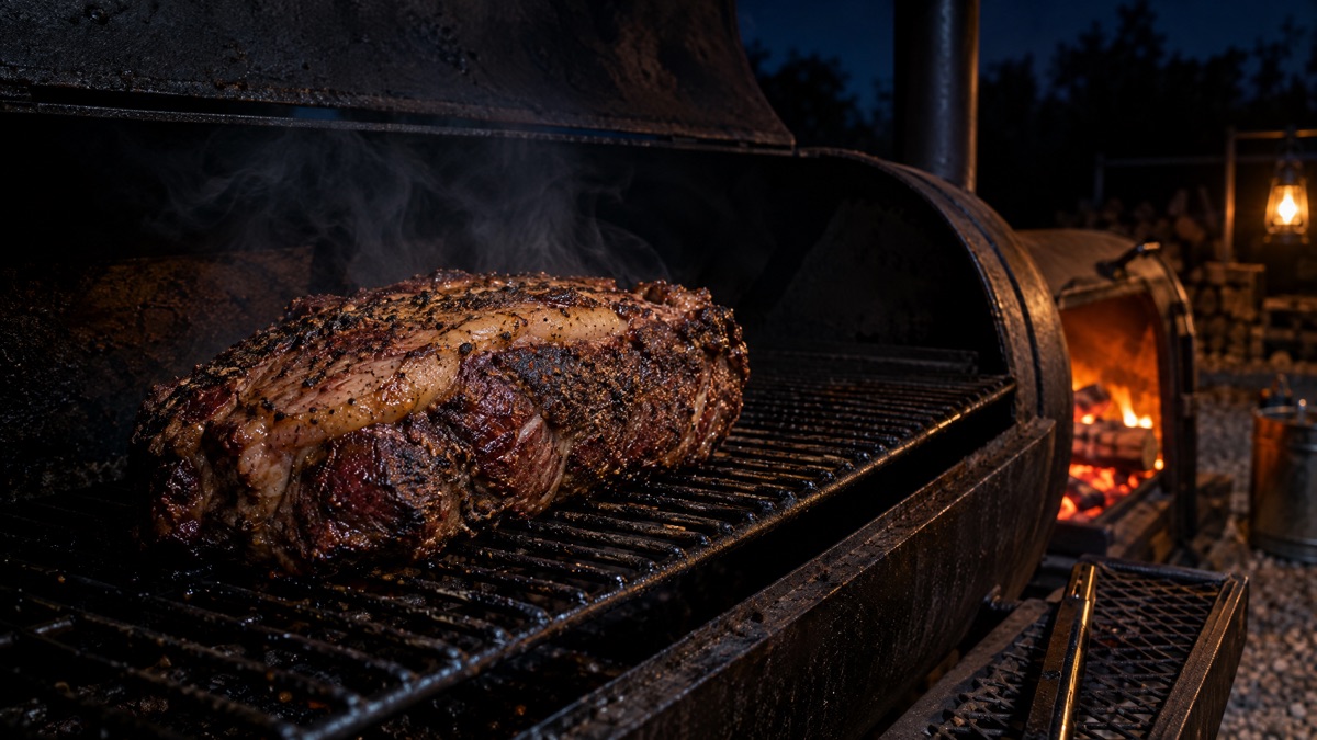 Seasoned chuck roast on a smoker grate with its fat seam facing upward