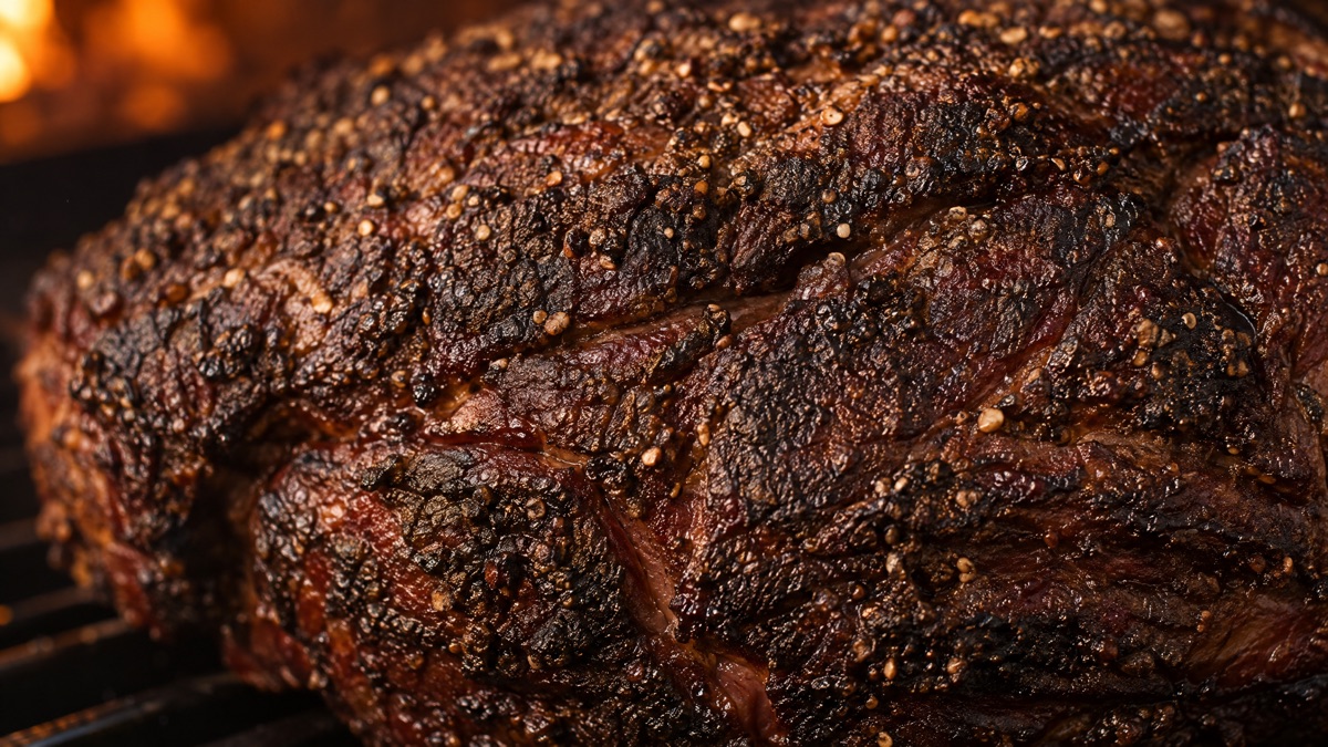 Close-up of a chuck roast on the smoker with its bark set to a dry craggy mahogany crust