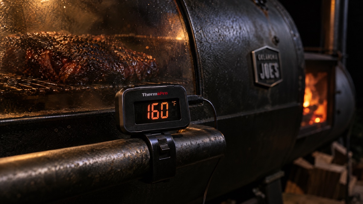 Probe thermometer reading 160 degrees clipped to a smoker handle during the stall