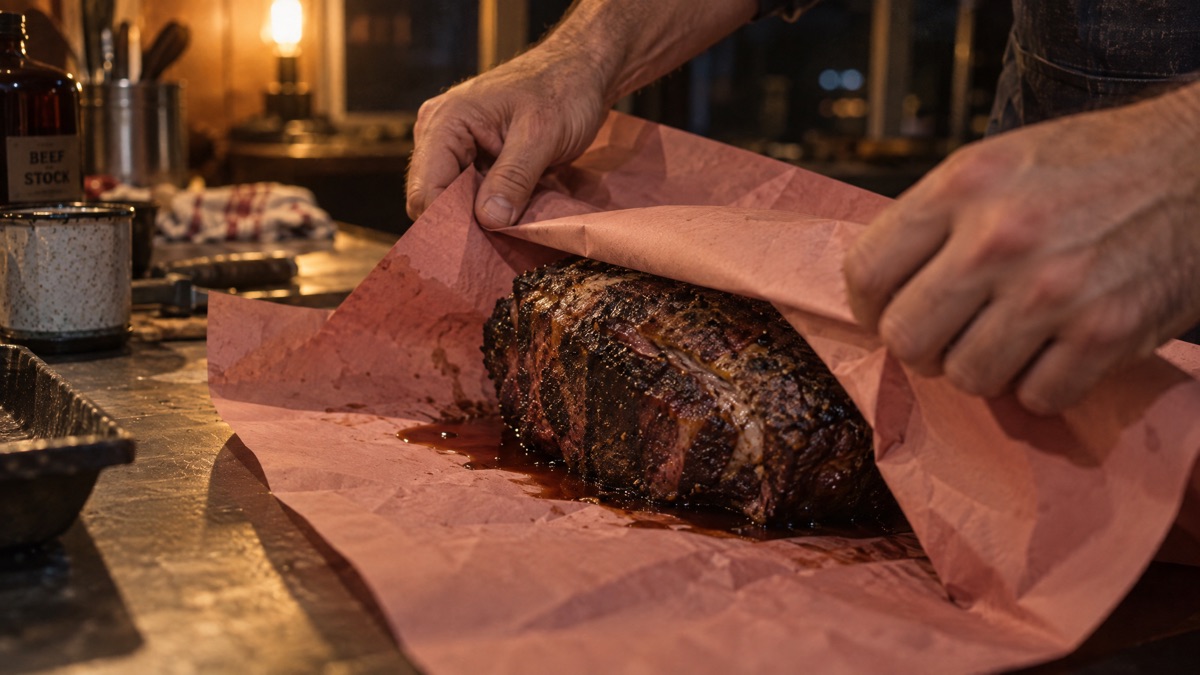 Hands folding butcher paper around a dark-barked chuck roast with a splash of beef stock