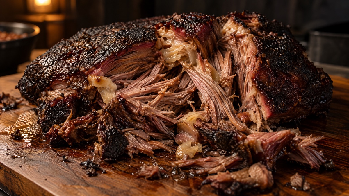 Finished smoked chuck roast pulled apart into thick moist strands on a wooden board