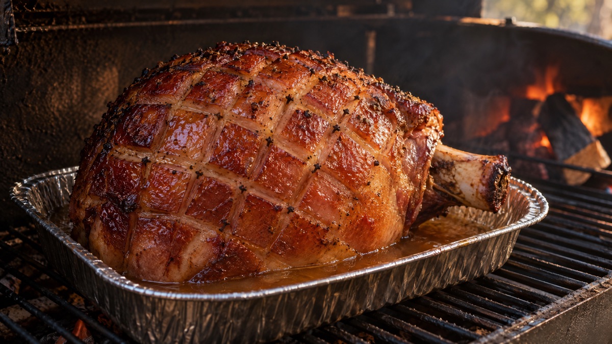 Scored bone-in ham sitting cut side down in a foil pan with apple cider in the bottom