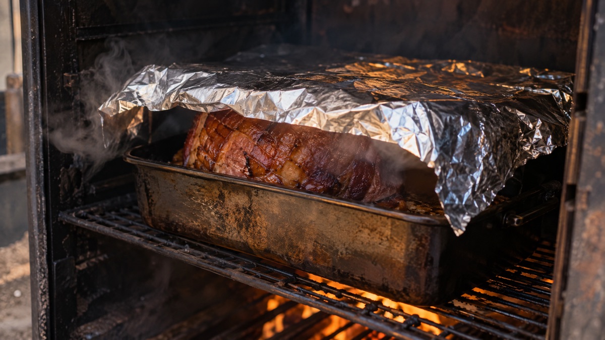 A sheet of foil laid loosely over a pan holding a ham inside a smoker, edges left open