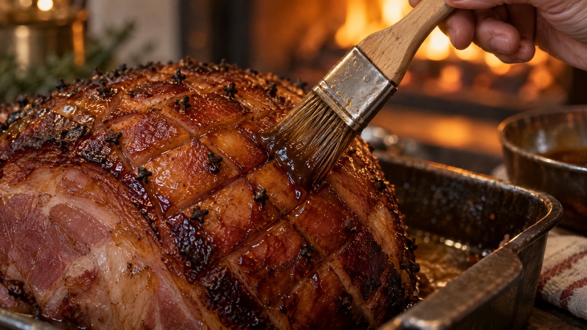 A basting brush working a thin first coat of glaze down into the diamond score cuts of a ham