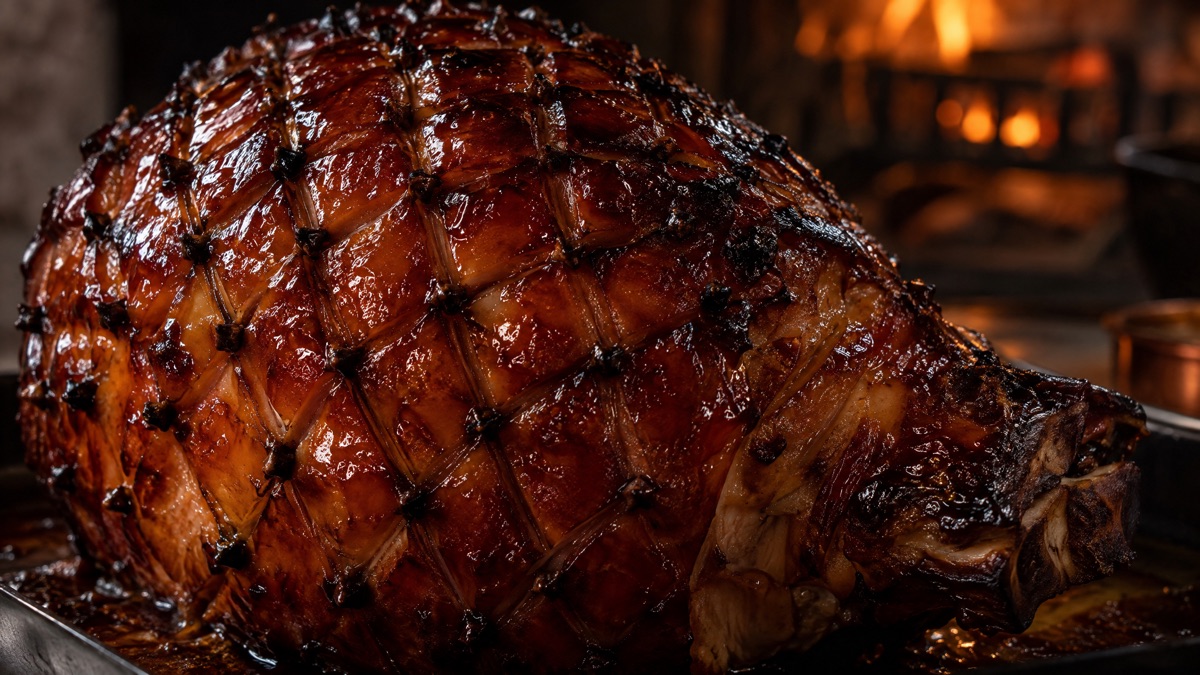 Close-up of a ham glazed three times, built into a deep glossy mahogany lacquer