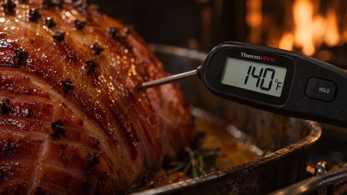 Probe thermometer reading 140 degrees beside a glazed ham in a pan