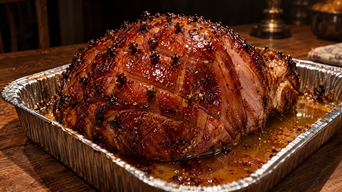 Finished glazed ham resting in its foil pan with juices pooled around the base