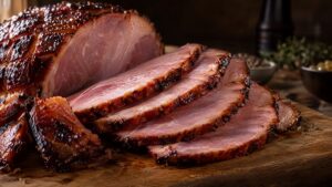 Carved slices of double-smoked glazed ham on a board, each rimmed with dark lacquer