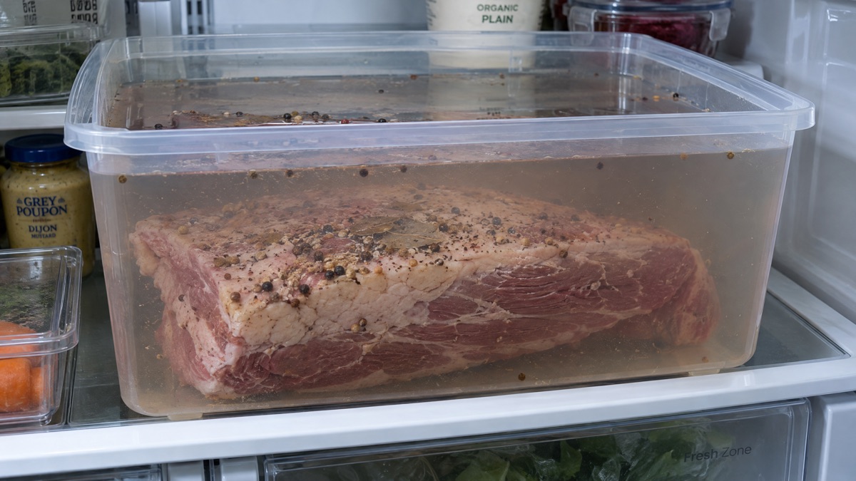 A corned beef brisket submerged in cold water in a tub, soaking the cure out