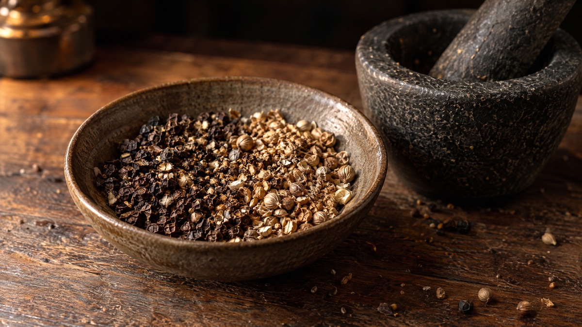 A bowl of coarsely cracked black pepper and coriander seed in equal parts beside a mortar and pestle