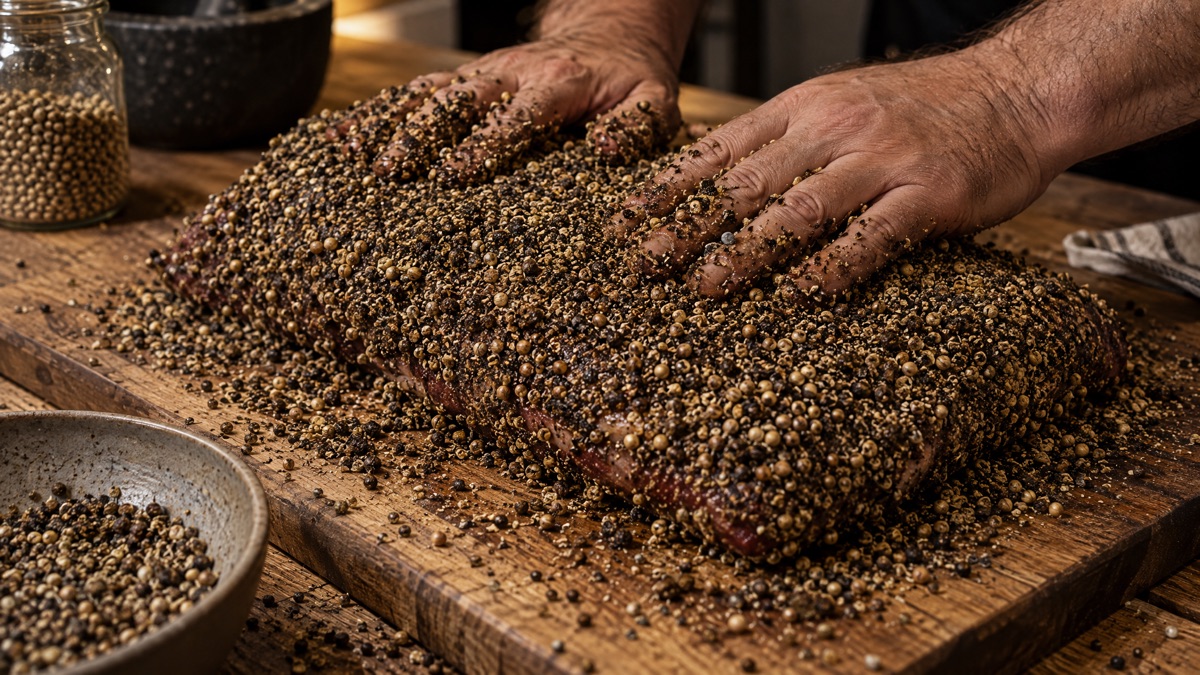 Hands pressing a heavy coat of cracked pepper and coriander onto a soaked corned beef brisket