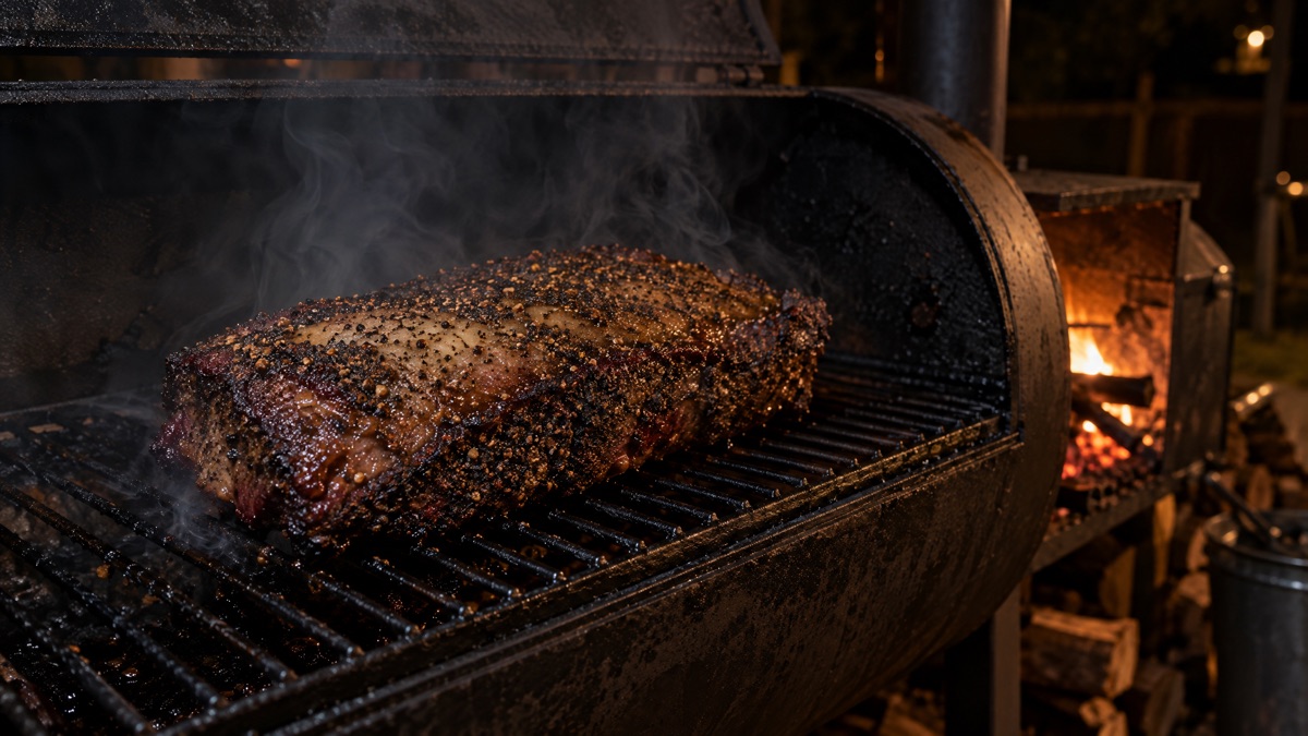 Pepper-crusted corned beef brisket on a smoker grate with the fat cap facing up