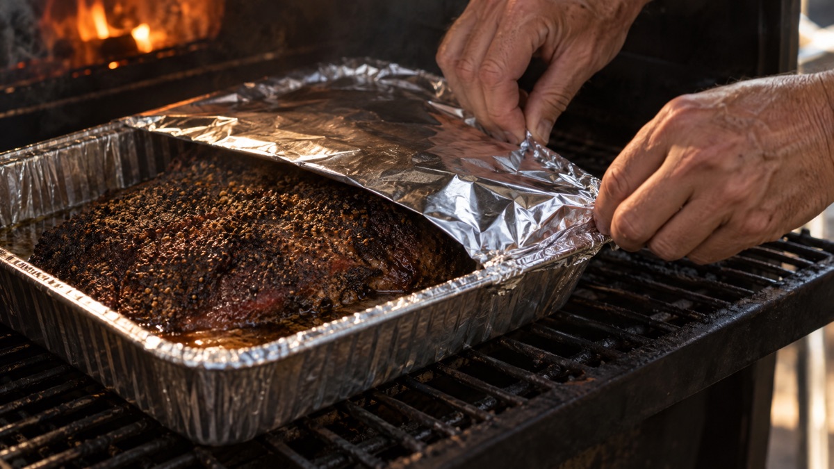 A pepper-crusted brisket in a foil pan being sealed tight with foil over a cup of water