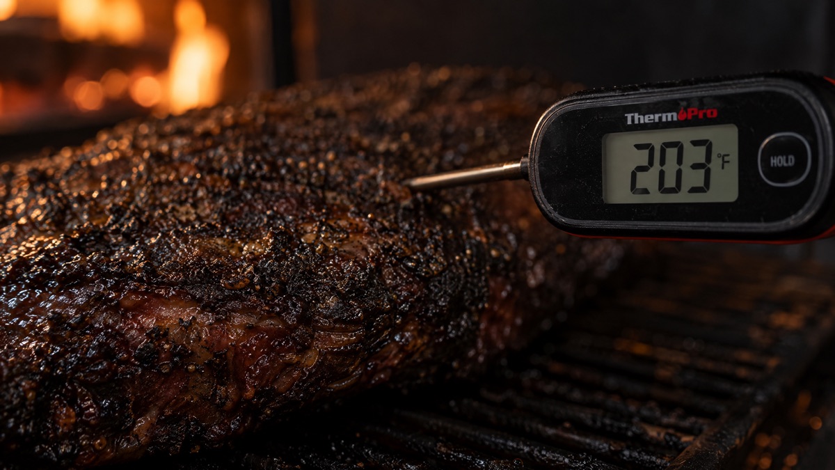 Probe thermometer reading 203 degrees beside a dark pepper-crusted brisket