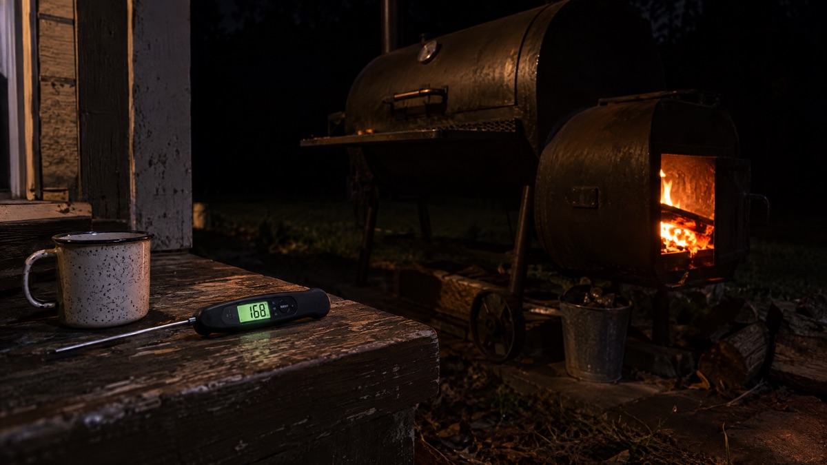 A probe thermometer reading 168 lying on a porch step at three in the morning beside a glowing firebox